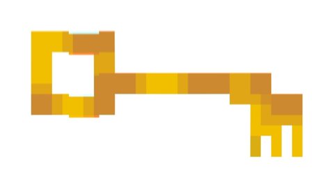 Intentional distortion shaking effect: a simple yellow golden key, pixel art style, with some shadows or rust.
