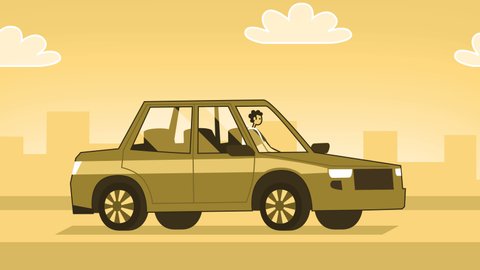 Yellow Style Man Flat Character Driving Car. Isolated Loop Animation with Alpha Channel