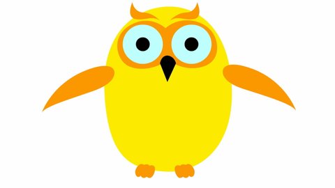 Animated funny yellow owl flies. Looped video. Vector illustration isolated on a white background.