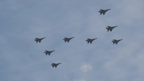 The group of Mig-29 in Z formation flies over Red Square during the general rehearsal of the Victory parade. Moscow, Russia - May, 2022