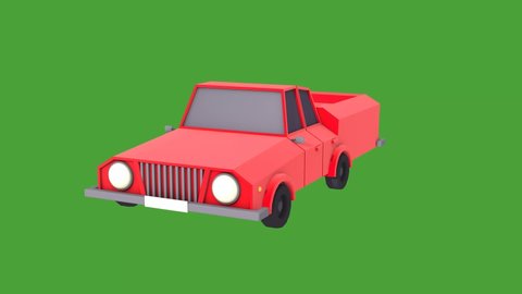 Low poly red car spinning. 3D animation. Green screen.