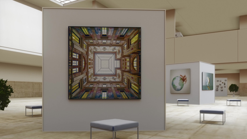 The concept of modern art museum. NFT Museum. NFT Crypto Art. Exhibition of digital art. Concept of traditional art into digital. NFT with digital technology. 4K 3d animation Royalty-Free Stock Footage #1090019125