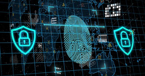 Animation of biometric fingerprint, markers and data processing over world map. global online identity, digital interface and data processing concept digitally generated video.