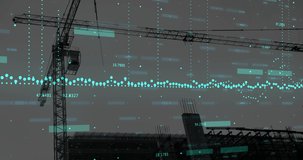 Animation of financial data processing over construction site. global development, business, finance, digital interface and data processing concept digitally generated video.