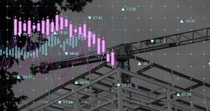 Animation of crane at construction site, financial data processing and statistics. global development, business, digital interface and data processing concept digitally generated video.