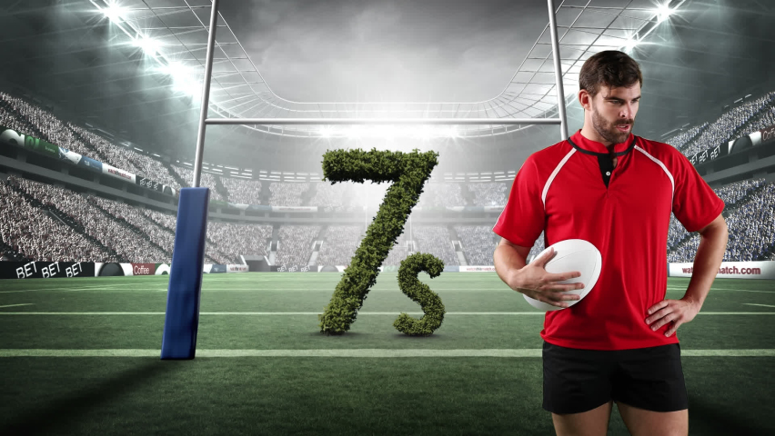 Animation of caucasian rugby player and 7s number formed with grass in rugby sports stadium. sports and competition concept digitally generated video.