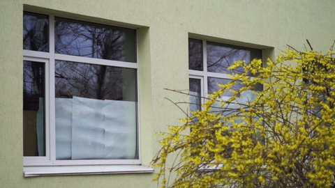 Close up of windows sealed from rocket bombings during russian invasion of Ukraine. Support Ukraine, Stop war