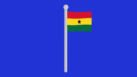 animation of the flag of ghana waving on a flagpole, on a blue chroma key background