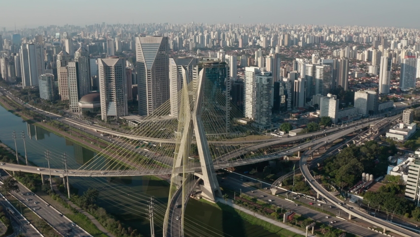 City River Buildings Bridge São Paulo Ponte Estaiada Aerial Drone Shot