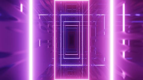 4k seamless looped animation. Fly through mirror tunnel with neon pattern, glow lines form sci fi pattern. Bright reflection neon light. Simple bright background, sci fi structure