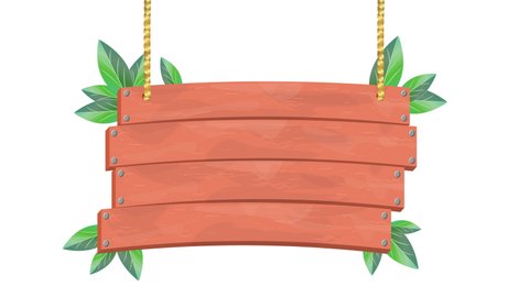 Animated Tropical Wooden Sign Board Hanging Jungle Wood Frame Banner UI Game Cartoon Menu Panel Information empty pointer object GUI exotic announcement boulder Isolated on White Wooden sign animation