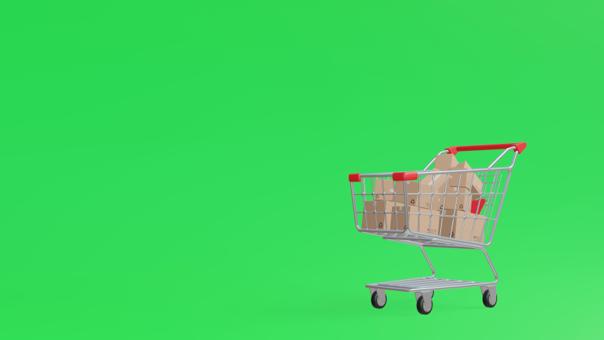 A realistic 3d animation video showing a shopping cart sliding into the scene with a large drop of products stack in concept, sale and discount marketing promotion on green screen.