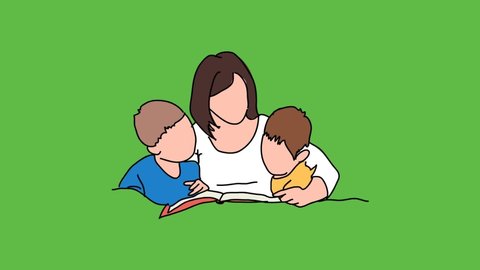 Sketch of sitting mother studying  her kids from book on abstract green background
