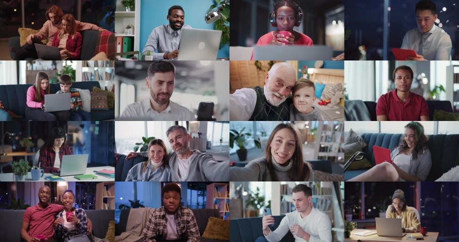 Close up multiscreen of different people children and adult working at the laptop remote work education online.