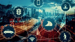 Smart transport technology concept for future car traffic on newish city road . Virtual intelligent system makes digital information analysis to connect data of vehicle on city street . - Powered by Shutterstock - Get 15% off with code: PIKWIZARD15