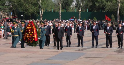 Bishkek, Kyrgyzstan - May 9, 2022: Kyrgyzstan President Sadyr Japarov and Former President Sooronbay Jeenbekov during Victory Day on a square