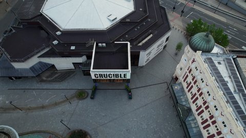Sheffield, Derbyshire  UK - May 7 2022: Aerial footage of the Crucible Theatre, Sheffield, home to the world snooker championships.