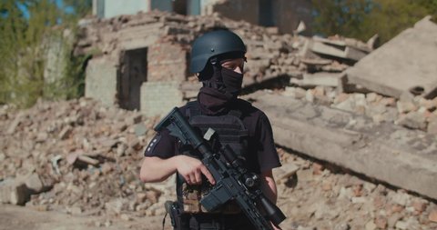 Soldier Stands Near Destroyed House Looks Stock Footage Video (100% ...