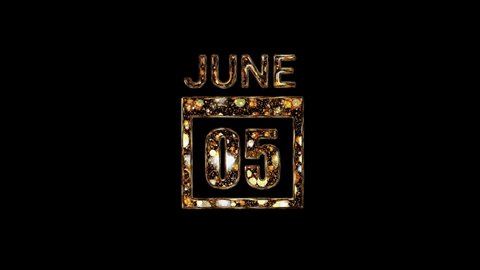 June 5 Calendar. 5 june lettering written in gold letters on a black background. June background. Days of June.