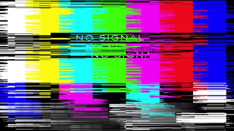 TV No signal technical issue. Analog SMPTE color test calibration bars. Seamless loop animation with glitch effect