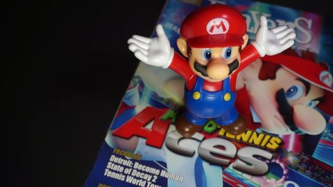 Rome, Italy - May 05, 2022, detail of Mario character, also known as Super Mario, video game saga produced by Nintendo, one of the most popular, enduring and video game series in history.