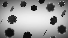 Close up. Slow motion. Loop video. Levitation black poker chips, tokens on white background. Concept of casino, game design, advertising, win. Poker chips 4k stock footage - Powered by Shutterstock - Get 15% off with code: PIKWIZARD15
