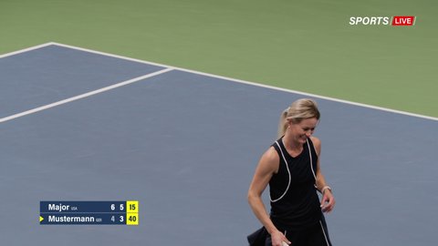 Sports TV Female Tennis Match on Championship. Female Tennis Player Serving Ball with a Rocquet, Playing Professionally on Tournament. Live Network Channel Television. 50 FPS Playback Tracking Shot