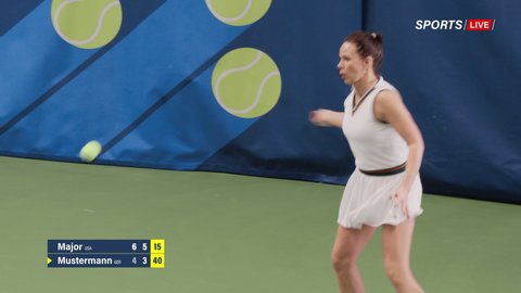 Sports TV Female Tennis Match on Championship. Female Tennis Player Hitting Ball with a Rocquet, Playing Professionally on Tournament. Live Network Channel Television. 50 FPS Playback Tracking Shot