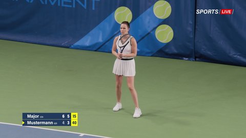 Sports TV Broadcast of Female Tennis Championship Match with Score. Professional Woman Athlete Compete, Lands Perfect Shot, wins Game. Network Channel Television Playback