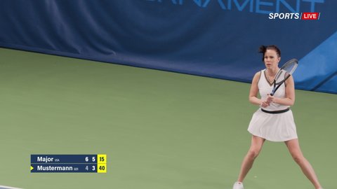 Sports TV Female Tennis Match on Championship. Female Tennis Player Hitting Ball with a Rocquet, Playing Professionally on Tournament. Live Network Channel Television. Intermission. 50 FPS Playback