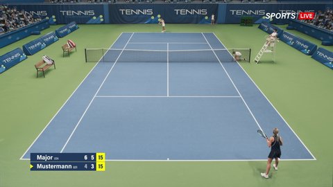 Tennis Championship Match Sports TV Broadcast Montage. Two Female Tennis Players Playing. Professional Women Athletes on a Tournament. Live Network Channel Television Playback With Audience