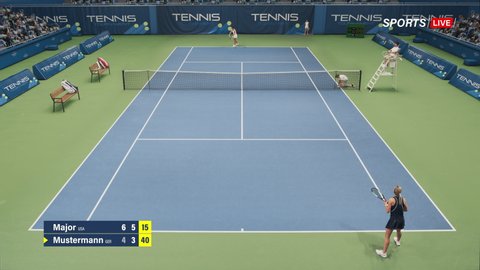 Sports TV Broadcast of Female Tennis Championship Match with Score. Two Professional Women Athletes Compete on a Tournament. Network Channel Television Playback With Audience. High Angle Static Shot