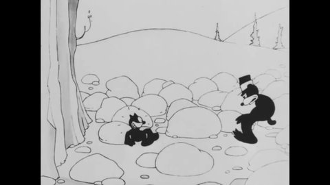 CIRCA 1926 - In this animated film, a cat and a bear fight among boulders, one of which turns out to be a pig.