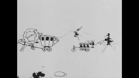 CIRCA 1926 - In this animated film, a posse of cats and mice shoots at and holds up a stagecoach.