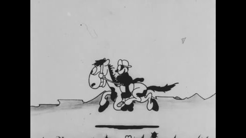 CIRCA 1926 - In this animated film, a cat performs rope tricks with a lasso while riding his horse.