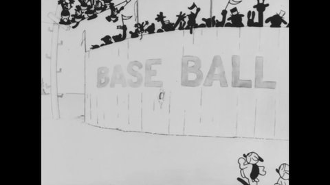 CIRCA 1926 - In this animated film, a large feline cop beats kids trying to sneak views of a baseball game through the fence.