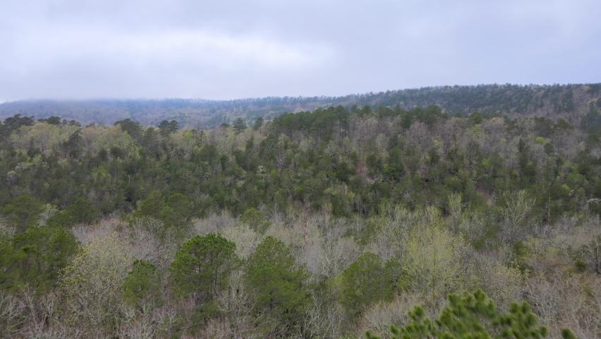 ARKANSAS - CIRCA 2022 - Aerial shot over the Winona Scenic Drive region of Lake Ouachita National Forest neark Hot Springs, Arkansas.