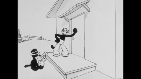 CIRCA 1926 - In this animated film, a cat steals his romantic rival's flowers to give to the girl they're both trying to woo.