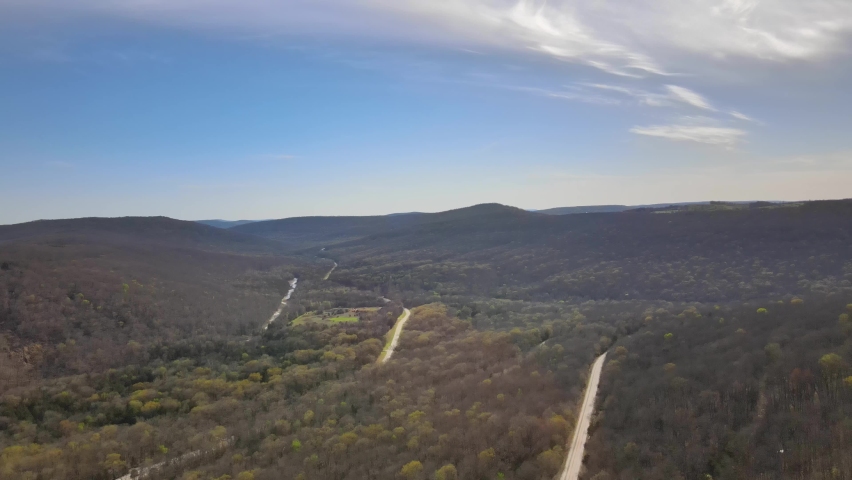 ARKANSAS - CIRCA 2022 - Aerial shot over the Winona Scenic Drive region of Lake Ouachita National Forest neark Hot Springs, Arkansas.