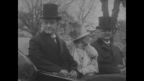 CIRCA 1923 - President Coolidge, the First Lady, and departing Vice President Curtis leave the White House for the inauguration ceremony.