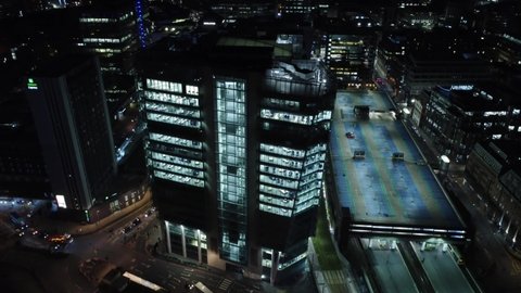 BIRMINGHAM, UK - 2022: Birmingham UK aerial view at night with Snow Hill station