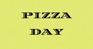 Animation of pizza day text and pizza icons over over stripes on yellow background. celebration and digital interface concept digitally generated video.