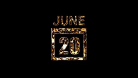 June 20 Calendar. 20 june lettering written in gold letters on a black background. June background. Days of June.