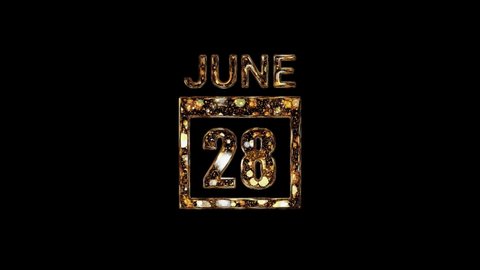 June 28 Calendar. 28 june lettering written in gold letters on a black background. June background. Days of June.