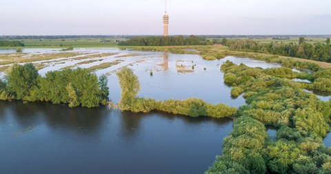 Aerial view of flooded floodplains of river Maas with trees, Megen, Netherlands.