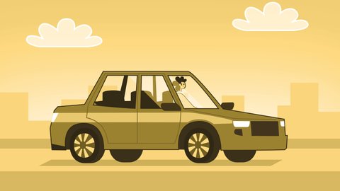 Yellow Style Woman Flat Character Driving Car. Isolated Loop Animation with Alpha Channel
