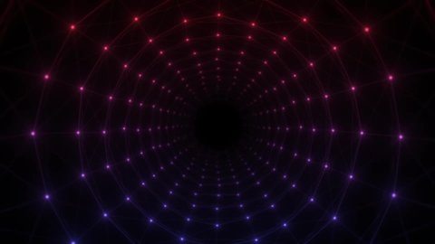Neon Plexus Digital Tunnel Animation. Glowing Lines And Dots Connection. Data Flow Concept. Abstract Cyber Technology Background. 4K