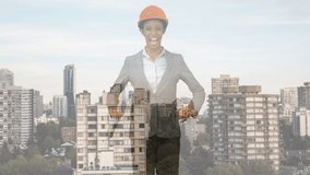 Animation of cityscape over african american businesswoman celebrating. never give up day and celebration concept digitally generated video.