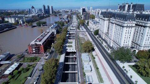 Puerto Madero at downtown Buenos Aires Argentina. Panoramic landscape of touristic landmark downtown Buenos Aires Argentina. Touristic landmark. Outdoor downtown city. Urban Puerto Madero Buenos Aires