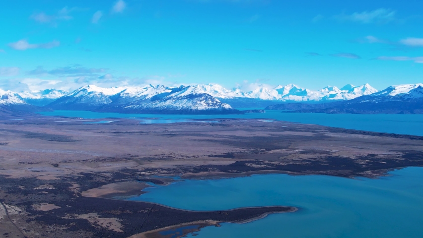 Patagonia landscape. Scenic lake and nevada mountains at town of El Calafate at Patagonia Argentina. Travel destinations. Andean lakes Patagonia landscape. Travel destinations El Calafate Argentina.